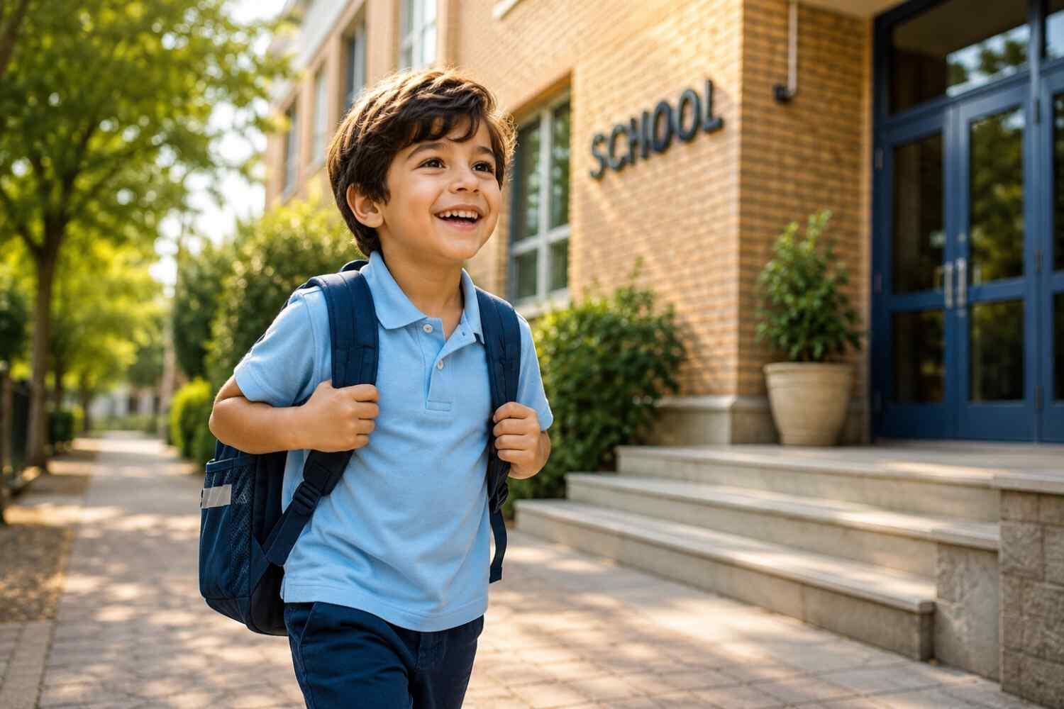 کودک خوشحال در حال رفتن به مدرسه