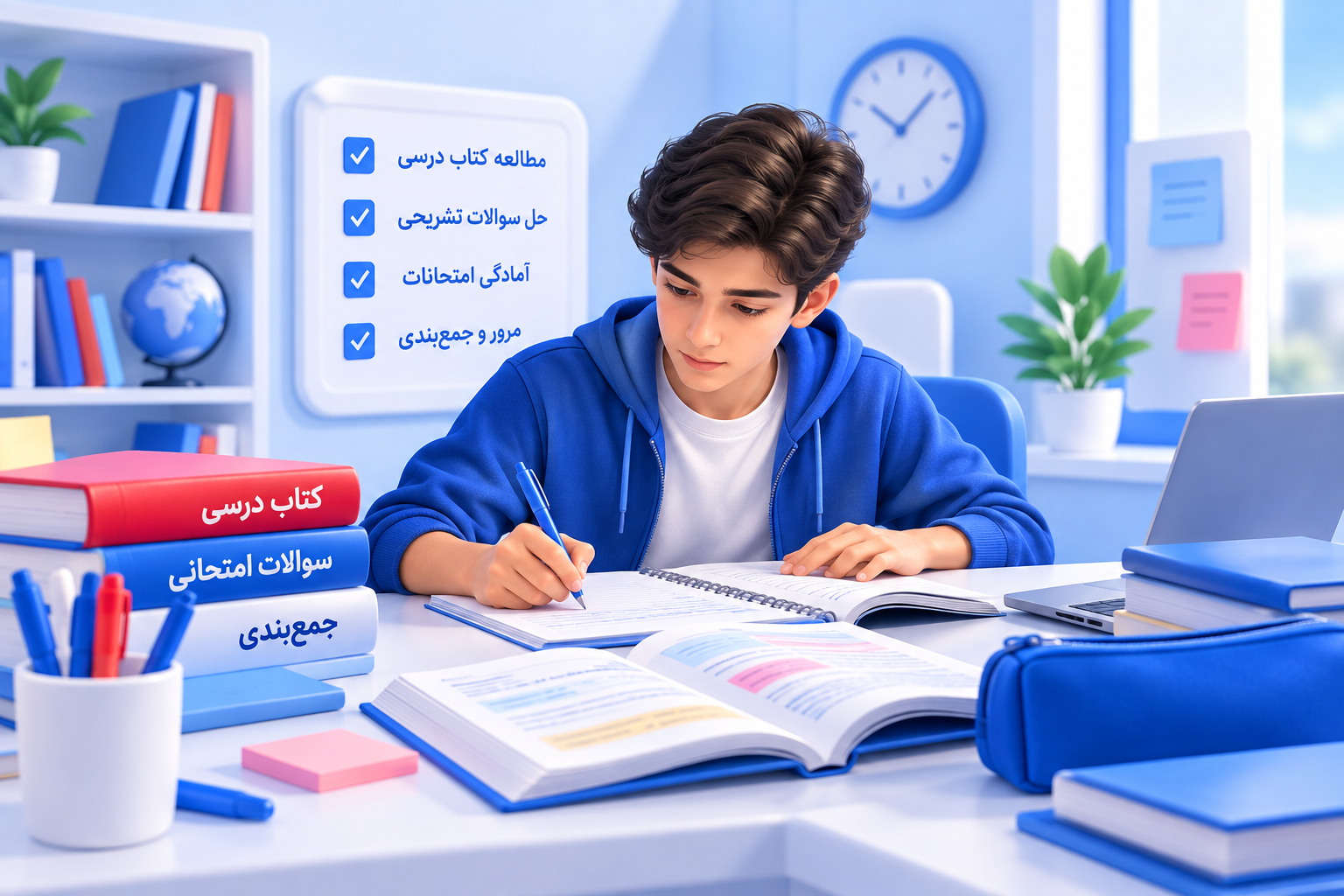 دانش&zwnj;آموز دبیرستانی در حال مطالعه کتاب درسی و حل سوالات تشریحی برای آمادگی سوابق تحصیلی کنکور 1406